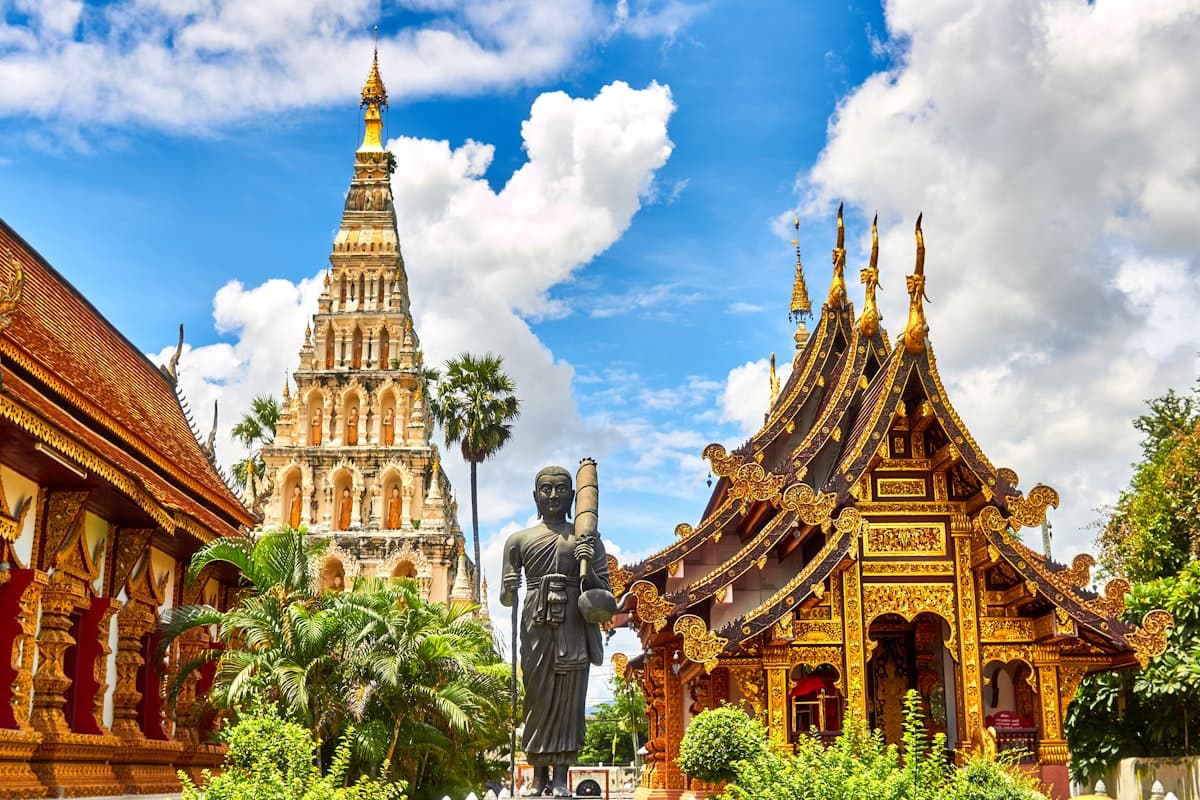 Thailand landscape with temple and lush greenery